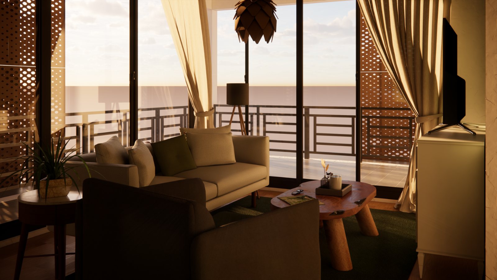 Living room of a Soleia Residence apartment at last light, balcony open to the sea.