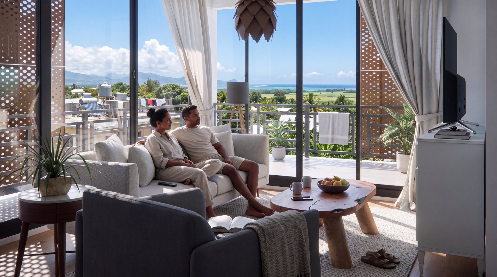 The same living room in daylight, a couple on the sofa, lagoon and mountains beyond.